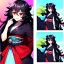 Placeholder: Clear focus, 8k, beautiful lighting, vibrant colors, girl, black long hair, vibrant red eyes, hair in between the eyes, smile, obi, messy hair, princess,