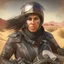 Placeholder: Retrato de La Reina del Motor: La líder de una pandilla de motociclistas despiadada y temida en el desierto. Lleva una chaqueta de cuero con parches y tachuelas, y su motocicleta está equipada con armas improvisadas y blindajes.