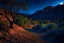 Placeholder: Dry trees, night, arid land, vegetations, rocks, little river, mountains