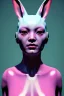 Placeholder: Medium Close Up Portrait, Front image. cyberpunk, rabbit mask, asian woman, short hair. Latex suit. white, pink, color. Playmate style. Color background, photo studio. Avatar image, highly detailed, concept art, smooth, unreal engine 5, ray tracing, RTX, lumen lighting, ultra detail, volumetric lighting, 3d, finely drawn, high definition, high resolution.