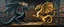 Placeholder: master oil painting by Escher and Giger, black dragon and golden dragon inside library