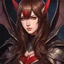 Placeholder: A headshot portrait of a woman with long brown hair, red eyes, large bat ears and bat wings, intricately detailed, painterly anime style