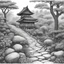 Placeholder: [the birdhouse] A photo of my traditional, monochromatic nature pencil drawing inspired by Japanese woodblock prints, featuring intricate carvings of trees and foliage, evoking a sense of calm and nostalgia. A rocky, natural stone pathway leads up to the birdhouse, inviting birds to step into a world of serenity and beauty.