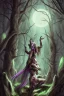 Placeholder: sylvanas windrunner carring the head of a werewolf in a night forest environment light by moonlight jim lee style
