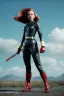 Placeholder: retro portrait image from 1960, sky background, wind, long red hair, fighting stance, sweet young Scarlett Johansson, black dress, classic long tight lycra black suit, weapon, gold bracelet and belt, high heel boots, soft color, highly detailed, unreal engine 5, ray tracing, RTX, lumen lighting, ultra detail, volumetric lighting, 3d, finely drawn, high definition, high resolution.