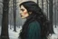 Placeholder: create a 3/4 profile, full body oil pastel of a dark haired, , raggedly dressed, savage vampire girl with highly detailed , sharply defined hair and facial features , in a dark winter forest glade at dawn, in the Pre-Raphaelite style of JOHN WILLIAM WATERHOUSE