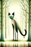 Placeholder: Surrealist minimalist illustration of [siamese cat] with extremely long slender legs, standing in [forest], wearing [a raincoat], under [tree]. Calm composition, full body view, centered, soft pastel gradients in the background, textured painterly style, smooth shading, clean lines. –no multiple characters, no clutter, no photorealism, no busy background