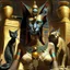 Placeholder: scene from Egyptian mythology. The cat goddess Bastet. She has the body of a woman and the head of a cat.