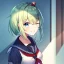 Placeholder: Clear focus, High resolution, short light green hair, blue eyes, wearing a sailor uniform, red tie, wearing a sailor skirt, eyes closed, smiling, 1girl, spiky hair, not alot of hair on the side of her head