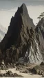 Placeholder: A dark brown mountain with fossilized bones designed in Mexican folk art painted by Utagawa Hiroshige