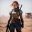 Placeholder: she smiles, ready to fight, in dust, rust and blood, her body is covered with cartridge belts