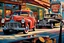Placeholder: A scene from outside a 1950s grill bar, a Volvo PV parked on the outside, view of the whole scene with the extremely detailed grill bar exterior, main focus on the grill bar :: vector, deep colorful best image quality, masterpiece, super high resolution, oil painting, wet brush,, ink drawing, detailed matte background, neo-expressionist oil paint, award winning, hdr, 8K, crisp quality, volumetric lighting, dynamic lighting, hyperdetailed