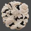 Placeholder: rose ivory brooch against black velvet, opalescent marble carving, decorative design, classical ornament, highly ornate, highly intricate, highly detailed etching, marble carving, warm lighting