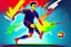 Placeholder: Oil painting, full body of a soccer player, he is kicking the ball, the ball is flying, bright but not neon colours, dynamic lines, dynamic blobs, spots, lines in the background of the character, splash like a colour explosion