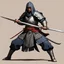 Placeholder: a female medieval warrior adopt a position close to the Japanese Mahami No Nekoashi Dachi (Kokutso Dachi), moving to squat with legs bent, stretching out his arms, one forward with his sword, the other backward, so that the lower part of his body with the folds of his combat robe resembles a fan turned downward