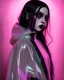 Placeholder: painting by koson ohara and marta bevacqua, portrait of a beautiful goth woman with long black hair, wearing a plastic raincoat, purple neon lighting, 8k, high quality, highly detailed