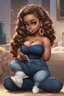 Placeholder: Create a magna art of a black chibi curvy female sitting on the floor looking at her cell phone. She is wearing tight blue jeans and a black off the shoulder blouse. Prominent make up with lush lashes. Highly detailed wavy ombre blonde and brown long hair. She is also wearing silver large hoop earrings