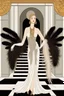 Placeholder: a woman with feathers in an Art Deco foyer by artist "Erte"