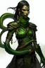 Placeholder: female snake humanoid, green scales, wearing a black leather armor, dungeons and dragons