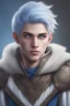 Placeholder: create a young male from dungeons and dragon, medium white and blue hair, light blue eyes, realistic, digital art, high resolution, strong lighting