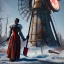 Placeholder: winter, fallout 4 character, salma hayek windmill robot with axe in the streets of cyberpunk city filling up car, gaz station, unreal, spray paint, clay, vox model
