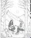 Placeholder: Coloring page: Enchanting scene Young man playing acoustic guitar beside a campfire, woman gently caresses a wolf in a snowy setting,