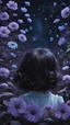 Placeholder: فتاه صغيره من الخلف وجهها غير ظاهر شعرها اسود مموج قصير وحدها و حولها ورود صغيره زرقاء و بنفسجيه فاتحه جداً و الخلفيه لونها غامق