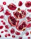 Placeholder: pomegranate seeds under water, prism and refraction, on a white background