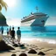 Placeholder: i want to create ai image for photo backgrounds of a ship parked on the shore of a beautiful sea with people around