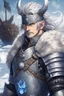 Placeholder: in anime style,1older man, a older man with blue eyes and black hair man in silver Viking armor with fur around the neck with blue crystal on his chest holding an axe in his hands standing on a pirate ship in the artic, warrior in anime style,