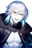 Placeholder: plauge doctor in balck leather clothes with silver hair, pale skin and bright green eyes smiling with sharp teeth, nice young face, male, viscious smile