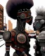 Placeholder: two arafed persons arguing in middle of street, yikes art, afrofuturism, arafed angularity, art cracking the road, angular aztec vibe, whimsical arafed nonsense, patchwork vibe, (((side view))) two arafed cyberlords fighting each other in a rainy whimsical downtown street with extreme body action and with (((exaggerated body parts))), (((oversize head))), sharp color contrasts, amazing shadows, (((exaggerated limbs and head))), minimal cozy, warm palette, bright bold warm summer colors
