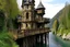 Placeholder: small wooden medieval gothic twisted house built into a cliff, trees, balconies, walkways, bridge, sunshine, lake