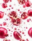 Placeholder: pomegranate seeds behind water droplets through a prism and refraction, on a white background