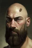 Placeholder: Portrait of a bald man, muscled, with quite-long brown beard, a black bandage on his left eye,