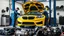 Placeholder: A car repair shop where two people in work clothes are repairing a yellow BMW M6 series with an eye-catching theme in a sophisticated and special repair shop where a collection of car engine parts is arranged on the floor at the bottom of the image.