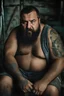 Placeholder: close up shot photography of a 39-year-old turkish chubby heavyset tattoo very hairy sweaty worker sitting spread-legged in an old armchair inside a construction site shed, big shoulders, dressed in bulging shorts, shirtless, stubble, big manly legs, hairy chest, serious eyes, midnight, dim neon lights illuminating and shine on the beards of sweat that fill his large chest, photorealistic , ambient occlusion