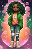 Placeholder: Create an colorful psychedelic comic book illustration of a chibi cartoon black female thick curvy wearing a cut of green and peach hoodie and white jeans and timberland boots. Prominent make up with long lashes and hazel eyes. Highly detailed shiny sister locs. Background of a large bubbles all around her