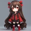 Placeholder: full body chibi woman with long brown hair, red eyes, bad girl vibe, modern clothes, New Years theme, intricately detailed, masterpiece, anime chibi doll, 4k