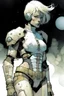 Placeholder: pale female with short blonde hair, wearing metal armor, whole body. A soft-focus image of the silver moonrise casting a cool glow, create in inkwash and watercolor, in the comic book art style of Mike Mignola, Bill Sienkiewicz and Jean Giraud Moebius, highly detailed, gritty textures,