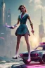 Placeholder: Emma Watson, full-length, in white stockings, cyberpunk 2077, photorealistic illustration, 4k