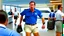 Placeholder: very focused image of upset man wearing shorts and polo shirt told to leave airport lounge by officer