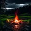 Placeholder: Dark rainy night with campfire and nature in Scandinavia