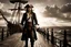 Placeholder: Pirate stands defiantly on a creaking wooden pirate ship deck, ocean horizon stretching behind, tattered sails billowing in the brisk sea wind, sunset casting an amber glow over the scene, high contrast, sharp textures, high detalied, detalied midle age face, dramatic lighting, photorealistic, crepy stunning, film noir