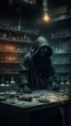 Placeholder: Si-Fi, The permanent under atmospheric lighting effects, a whole tables and shelves filled with old abandoned laboratory with a black hooded man doing laboratory test ,intricate historical moody atmosphere, eerie grimdark ambiance, complex motherboard accents, speculative fiction art. Bokeh
