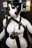 Placeholder: Steam-punk style random-mask. Large fencing mask covers cheeks. Trim girls. Reflective white plastic skin. Camera lenses as eyes. Head full of integrated old-fashioned cameras. Golden to cyan surfaces body, latex. Perfect body, thick thighs and calves. Asa Akira. SElfie with old-fashioned cameras in both hands. Wide hip, skirt bleats nicely. Camera at mons veneris. Partly symmetrical. Cameras hanging on wide plastic belt. Euclidean 3D-tiling walls. minimalism. surveillance walls