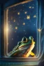 Placeholder: smiley frog with background star field seen in the window of a boat, 4 k, trending art, depth of field, high detail, high contrast