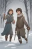 Placeholder: DnD style, two medieval peasant kids playing in the snow, female age 14 and male age 15, happy and playful, he has a short sword.