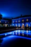 Placeholder: blue mansion with a huge infinity pool and lambergeaney at night