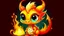 Placeholder: cartoon illustration: a cute little fire dragon with big shiny eyes. The dragon has big wings.